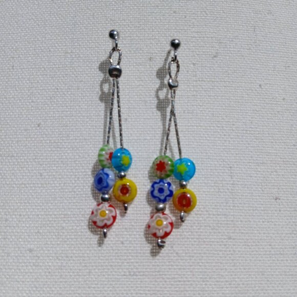 Sterling Silver Millefiori Dangle Drop Earrings Multicolour - Picture 1 of 4